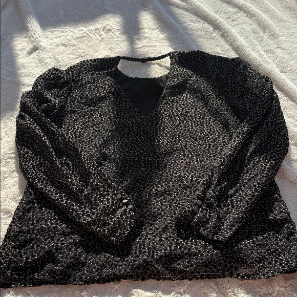 Express Black White Velvet Detail Blouse Small | Sheer Long Sleeve Party Top - Picture 4 of 7